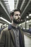 Placeholder: Handsome young man with short beard tall masculine age 26 on railway station