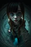 Placeholder: Closeup tall Girl goth with big eyes, ragged clothes, fullbody, claustrophobic really, crushed inside, the perspective looking up from the bottom of an empty well , 8k,macro photography,