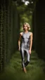 Placeholder: photography of a beautiful anorexic woman, grey satin triathlon top, sports illustrated, blond short wavy bob haircut, pronounced sternum, flat chest, anthracite cycling leggins