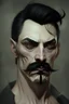 Placeholder: short wirey lean muscular trimmed goatee moustache sterm serious short black hair pale skin ghoul wight