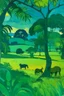 Placeholder: A bluish green savanna with leafy trees painted by Paul Gauguin