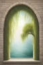 Placeholder: Colorful Logo of a pretty willow tree with long green hanging branches, standing outside a square window with an arch, emphasize the window and arch, serene tranquil background with a body of water.