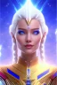 Placeholder: young cosmic woman admiral from the future, one fine whole face, large cosmic forehead, crystalline skin, expressive blue eyes, blue hair, smiling lips, very nice smile, costume pleiadian,rainbow ufo Beautiful tall woman pleiadian Galactic commander, ship, perfect datailed golden galactic suit, high rank, long blond hair,