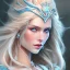 Placeholder: ice queen blue eyes long blond hair smiling face long dress in elden ring realistic