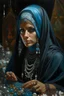 Placeholder: Artistic painting by paintbrush, Portrait of Muslim woman in burqa, in turban, loads of hanging crystals around her, heavy makeup, loads of jewellery, painted by in style of Paul Gaugain