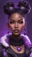 Placeholder: arcane tv show style, league of legends, solo, 1girl, attractive teenager, african, dark skin, dark-brown eyes, black hair, pair buns, (violet strand in forehead bang), bullet necklace, earrings, modern makeup, (detailed skin texture), open short black oversize puffy jacket with fur collar, black top with acid-violet abstract print, dark background, bokeh