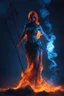 Placeholder: The female Shadow of Death using the staff of destruction. blue fire and orange smoke. fantasy art, Cinematic lighting, Volumetric lighting, Epic color composition, the naked truth, octane render