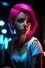 Placeholder: (masterpiece, best quality: 1.2), realistic, 50mm portrait, absurd, ((bloom, glow, neon)), high contrast, depth of field, dynamic lighting, night, darkness, 1girl, solo, beautiful, slim , small breasts, delicate facial features, Hip-Hop, pink hair, white shirt, cyan skirt, cyan eyes, splash painting, graffiti on the wall, --ar 2:3