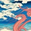 Placeholder: Ukiyo-e style illustration of ocean scene underwater, giant squid, high detail