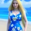 Placeholder: Beautiful asiatic sunny face woman blue eyes long blond hair in a blue flower dress on a beach, unreal engine, 4k