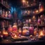 Placeholder: magic shop, magical treats and candy in jars, magical books and wands everywhere very dark room, candle light, bright vibrant colors, glowing sparkle particles, dark tone, sharp focus, high contrast, 8k resolution, incredible depth, shallow depth of field, dramatic lighting, beautifully intricate details, clean environment, epic dynamic scene