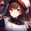 Placeholder: Clear Focus, High resolution, glowing red eyes, wearing a train conductor uniform, long dark brown hair, front hair is straight but the rest is fluffy, wearing a train conductor hat, evil smile, extreme close up