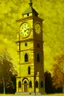 Placeholder: A golden yellow clock tower covered in acid painted by Grant Wood