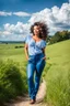 Placeholder: 1beautiful lady in nice top and blue pants with curvy hair,country side ,blue sky nice clouds,