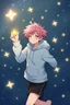 Placeholder: An androgynous young man with tousled pink hair and golden eyes floating among the stars wearing a light blue hoodie and black board shorts. He is smiling softly and holding a star in one hand. Photo realistic.