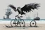Placeholder: a long-legged lean black-grey cybervulture with ((beak-shaped heads)) (wearing white khiton) riding a bike in front of a boatwreck on a radioactive beach, front view, acrylic painting, minimal art, centered, wild sparse brushstrokes, amazing verticals, great parallels, low bleak colors of gray, blue and black, excellent negative space contrasts