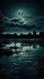 Placeholder: A swamp with dark ducks swimming and dark sky with clouds covering the moon