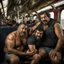 Placeholder: photography of two burly ugly chubby muscular sweat wet turkish farmers 46 years old man sitting embraced in the train, manly chest, hairy allover, relaxing, shirtless, big bulge, tattoo, broken teeth, tired, short beard, short curly hairs , view from below, photorealistic, side lights, Ground-Shot Angle