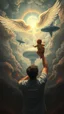 Placeholder: Bosch painting style nightmare, a man holding a baby up toward an a beautiful angel in the sky , a nuclear explosion and an alien spacecraft in the background, rear view , dramatic sad scene, fantasy, scary.
