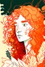 Placeholder: one line painting portrait of orange curly hair white girl leafy and red plants background