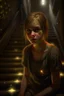 Placeholder: portrait of young angry washing lady, fireflies , staircase hall, 4 k, down light, depth of field, trending on art station, high detail, cracked ground