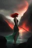 Placeholder: 3D Bubbles, Floating hearts with an electrical current, fog, clouds, somber, ghostly mountain peaks, a flowing river of volcanic Lava, fireflies, a totally gorgeous woman with short, buzz-cut, pixie-cut red hair tapered on the sides, green eyes, wearing a black, sinister, mermaid dress pointing her sword, EXCALIBUR towards the sky while lightning comes down and hits the tip of it --- "Nimue, The Lady of The Lake"