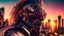 Placeholder: face portrait of a suave bounty hunter lion cyborg with black sunglasses relaxing outside a club. sunset. intricate details. Big city background. photo real. reflections. 8k. rgb