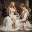 Placeholder: a beautiful blond woman with long wavy hair sits on the ground at the feet of a French baroque officer. the woman is in a white dress with gold embroidery and lace. the woman has bare shoulders and breasts. the man sits on the chair has a loving expression and looks at the woman. the woman has a loving expression on her face, tears running down her face. the woman has a freckled face and a half-open mouth, her skirt is upturned. around the baroque hall. high contrast, hyperrealistic,