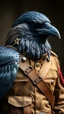 Placeholder: a crow wearing a soldier uniform, realistic , pro photography , high quality, and cinematic scene