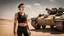 Placeholder: beautiful slender caucasian female technician, black tank top, well toned muscles, weathered face, scratched sand camo metal details, short brunette wavy bob haircut, dystopian, desert scene, jumping from a futuristic tank, explosions in background