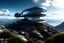 Placeholder: a large futuristic home with a big deck on a mountain top with a beautiful view on an alien planet