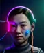 Placeholder: Ultra realistic photographic night portrait, cinematic, <Asian woman> <hanging wires> <retro computer screen> many wires coming out of the head <perfect pupil> <cyborg arm> <garage> <wide angle Shot> <sci-fi futuristic> <thriller>, neon lights, color fog, soft color, highly detailed, unreal engine 5, ray tracing, RTX, lumen lighting, ultra detail, volumetric lighting, high definition.