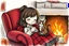 Placeholder: vibrant sketch, cute chibi brunette woman by the firelight, wrapped in a plaid blanket, curled up in an armchair with a tabby cat on her lap, drinking red wine from a glowing glass, S<AI, charcoal