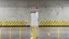Placeholder: wall design for parking garage, concrete, yellow painted hazard lines, weathering and water stains, in middle is an exit doorway with small window, with a sign is above. rough painted hashmarks and parking lines, add signage found in a parking garage.