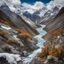 Placeholder: Los Glaciares National Park, Patagonia, Argentina, peaks with snow, river in th deeb canyon detailed trees with detailed branches an leaves and stones with moos in the foreground, phototralistic, autumcolors, blue sky with flyffy clouds, seen from th side from the top of a peak