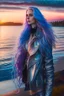 Placeholder: half body shot,realistic portrait of a 20-25 old caucasian model, long blue pink flowing hair, great grey eyes, blue leather jacket,full body, short white skirt,long legs,standing at beach of very nive lake with sunset ,clouds,godrayes