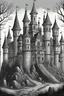 Placeholder: Illustrate a haunted castle straight out of a fairy tale, with twisted towers, ghostly figures, and a winding path leading up to its eerie gates.