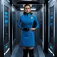 Placeholder: Aboard a Star Trek ship, a woman in classic short blue dress uniform stands in the elevator, knee bended. Her distress is palpable: she covers her ears with both hands and let out screams, her expressions filled with turmoil, her black boots ground her in the reality of the moment. The backdrop is made of TOS computer panels