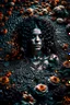 Placeholder: abstract creation of a beautiful girl with black curly hair, surrounded by black roses, thick metal chain broken, glass petals on the ground, autumn colours,dried out thorn bush, chaos,