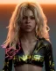 Placeholder: portrait, Shakira, blonde artist, angry, Realistic image, MMA robe, hoodie, mma gloves, loose long hair, eyes, makeup, gold line make up, moisture, sweat, fog, goddess, Neon colors, leds. Black background, photo studio, concept art, smooth, unreal engine 5, god lights, ray tracing, RTX, lumen lighting, ultra detail, volumetric lighting, 3d, finely drawn, high definition, 4k.