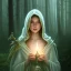 Placeholder: romantic fantasy spray painting, portrait of very cute hooded green eyed blonde robed bard with halo sitting on huge stone, bubbles, tossing torch in magical forest, foliage frame, magic wand