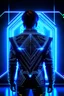 Placeholder: cyberpunk, neon blue, triangle of light floating behind the back, cyber suit, geometric patterns on a suit, male