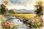 Placeholder: Sunny day, flowers, mountains, river, epic, winslow homer watercolor paintings