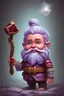 Placeholder: Pathfinder young gnome rouge purple hair with a dice in his hand no beard