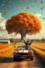 Placeholder: a nuclear explosion mushroom cloud that looks like a autumn tree full of leaves, leaves falling everywhere. bottom 2/3 is a curved dirt road through a wheat field, a wind is blowing away from the tree. a commercial building is in the field on the left, large at bottom on the road is a 1971 Camaro convertible with 2 oversized animated racoons inside with hands up in celebration, poster