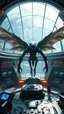 Placeholder: A centering dynamic view action of an alien spaceship control room with huge windows looking at planet Earth showcasing the fusion of sigma and Neumorphic elements, depicting a fully fantasy of an alien with wings Its intricate mechanisms are driven by interlocking. Stance on black mechtech battlefields abandone Dojo.