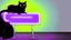 Placeholder: black cat sitting on an office chair, dark room with neon violet lights, realistic