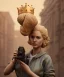 Placeholder: Statue of Queen of photography. Cute blonde woman. Photographer in golden crown. Standing on the street. Big camera in her hand. hyperdetailed, photorealistic, trending on artstation, greg rutkowski, beksinski, kodachrome, bokeh, red and gold