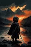 Placeholder: A formidable warrior-a 10-year-old boy in a black robe with a hood, on the background Amazing gloomy landscape, flooded with sunset, mountains, trees, fabulous scary hero, , juicy emotions, painting, dark fantasy, bad weather, gloomy day, dark world, by Raymond Swanland & Alyssa Monks & Anna Razumovskaya & James Paick