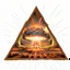 Placeholder: logo of a nuclear explosion mushroom cloud over omega letter, on the inside of a triangle, angelic religious lighting, dashed lines radiate outward from triangle, artdeco